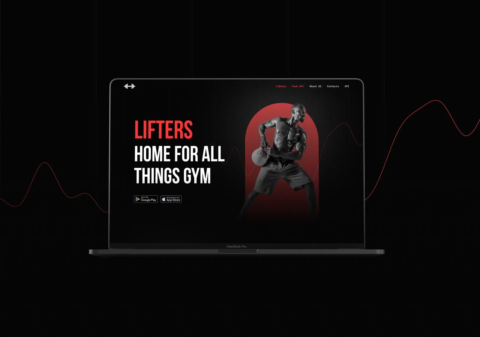 Lifters: Marketing site for Lifters International: one dark, high-contrast system that sells the Lifters fitness app to gym-goers and the Lifters Food API to developers.